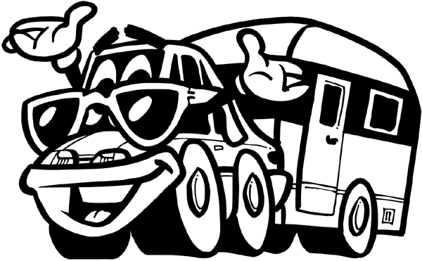 Happy car pulling a camper vinyl sticker. Customize on line.  Autos Cars and Car Repair 060-0320 